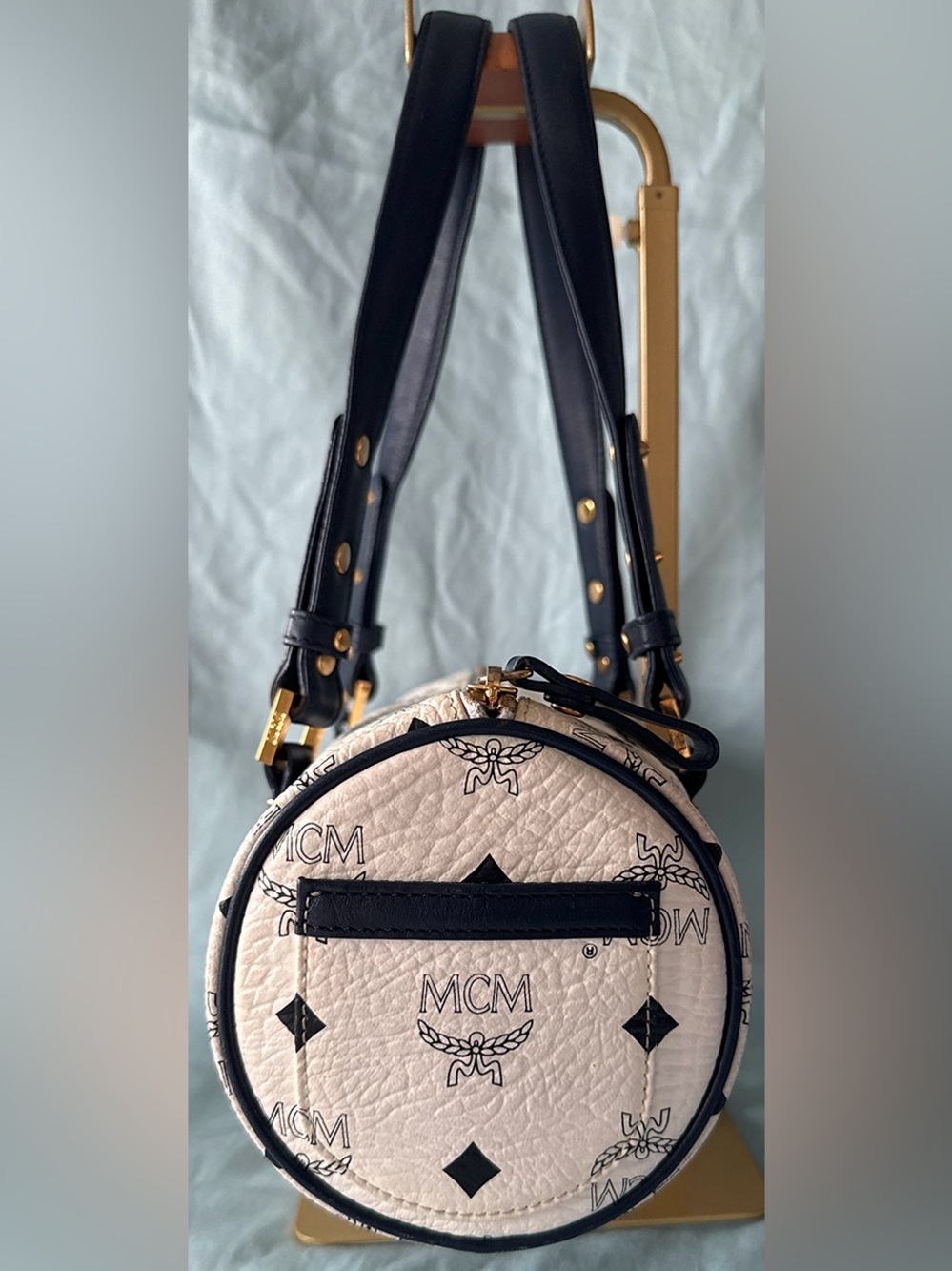 MCM Authentic White&Navy Visetos Logo Barrel Bag Navy Straps&Gold Tone Hardware - Picture 4 of 13